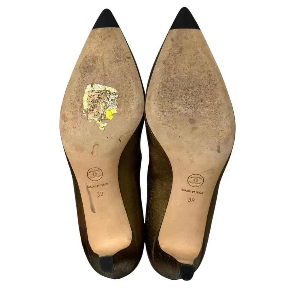 CHANEL CC Logo Metallic Bronze Gold Pointed Toe Pumps Low Heels 39 8.5 9